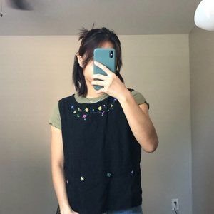 BLACK LINEN TANK WITH BEADING AND EMBROIDERY